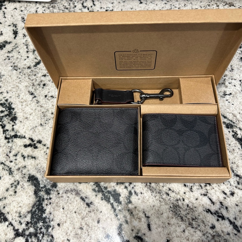 Coach Signature Black Leather Wallet and Key Holder Set